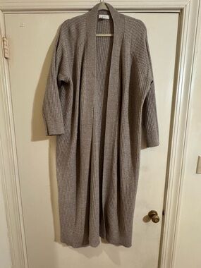 H&M Long Ribbed Open-Front Cardigan Coatigan in Light Taupe